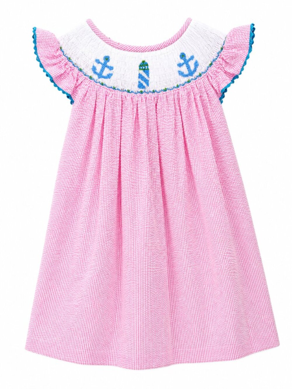 Silly Stitches Boutique Seersucker Smocked Lighthouse & Anchor Bishop Dress 3T